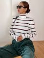 DAZY Kpop Striped Pattern Turtle Neck Knit Sweater For Layering