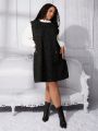 SHEIN CURVE+ Plus Size Woolen Two-in-one Dress With Lotus Leaf Hem And Lantern Sleeve