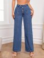 SHEIN Privé Women's Solid Color Pocket Button Closure Jeans