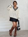 SHEIN Qutie Letter Pattern Striped Trim Drop Shoulder Cable Knit Sweater