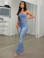 SHEIN ICON Strapless Washed Denim Jumpsuit