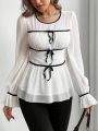 SHEIN Privé Valentine's Day Vacation Chiffon Bow Decorated Ruffle Sleeve Waist Cinched Blouse