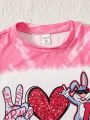 SHEIN Kids KDOMO Girls' Short Sleeve T-shirt With Victory Gesture & Heart Rabbit Print