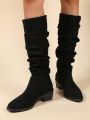 Women's Fashionable Slim Fit Pleated Knee-high Solid Color Riding Boots, Vintage High Heel Suede Western Cowboy Boots