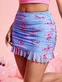 SHEIN PETITE Women's Butterfly Print Pleated Ruffle Hem Skirt