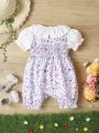 Baby Girls' Colorful Floral Pattern Romper With Ruffled Hem, Button Fastening And Shirred Puff Sleeve Shorties, Suitable For Spring, Summer And Autumn