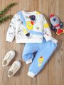 Baby Boy'S Space Letter Print Sweatshirt And Rocket Patch Sweatpants Set