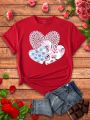 Plus Size Women'S Round Neck Short Sleeve T-Shirt With Heart Print