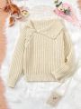 SHEIN Kids EVRYDAY Tween Girl Asymmetrical Neck Raglan Sleeve Ribbed Knit Sweater