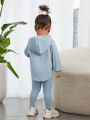 SHEIN Baby Girl Leisure Solid Color Hooded Long Sleeve Top & Skinny Pants Set With Embossed Letters