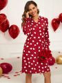 EMERY ROSE Valentine's Day Women Love Heart Print Flare Long Sleeve Dress With Scoop Neckline