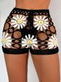 SHEIN Swim BohoFeel Hollow Out Flower Pattern Cover Up Top And Shorts Set