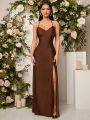 SHEIN Belle Draped Collar Crisscross Backless Satin Bridesmaid Dress