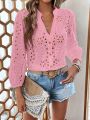 SHEIN VCAY Solid Color Hollow Out Embroidered Notch Neck Lantern Sleeve Shirt
