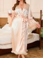 Women'S Plus Size Patchwork Mesh Trim Satin Robe