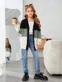 SHEIN Tween Girls' Casual Loose Fit Colorblock Cardigan With Button-up Front