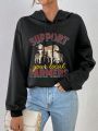 Letter & Animal Print Drop Shoulder Drawstring Hoodie