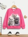 Girls' Kitten Printed Round Neck Fleece Sweatshirt