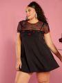 SHEIN CURVE+ Women's Plus Size Black Mesh & Heart Design Round Neck Skirt