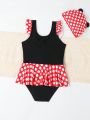 Girls' Polka Dot One-Piece Swimsuit With Cute Pattern Print, Includes Swimming Cap