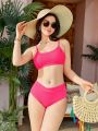 SHEIN Teenage Girl'S Knitted Jacquard Solid Color Bikini Casual 2pcs Set