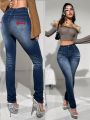 SHEIN ICON Y2k Blue Elastic Low Waist Ladies' Casual Super Low Rise Skinny Jeans With Embroidered Letters