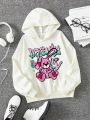 Teen Girl Letter & Cartoon Graphic Drop Shoulder Hoodie