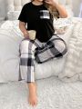 Plus Size Plaid Patchwork Pocket Top & Long Pants Homewear Set