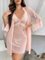 Contrast Lace Flounce Sleeve Belted Mesh Robe & Cami Nightdress