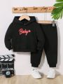SHEIN Baby Boys' Casual Letter & Heart Print Hoodie And Long Pants Set