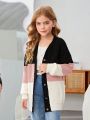 SHEIN Tween Girls' Casual Loose Fit Long Sleeve V-neck Cardigan Sweater, Multicolor, Autumn/winter