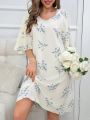 Floral Print Lace Trimmed Bell Sleeve Sleep Dress