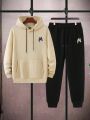 Men's Plus Size Letter Printed Hoodie And Sweatpants Set With Kangaroo Pocket And Drawstring