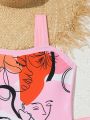Teen Girls' Portrait Printed One-Piece Swimsuit With Swim Skirt