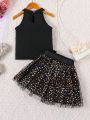 SHEIN Kids CHARMNG Toddler Girls' Halter Neck Sleeveless Top & Puffy Tutu Skirt With Glitter Stars And Sheer Mesh Princess Dress 2pcs/Set