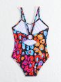 Young Girl's One Piece Swimsuit, Colorful Leopard Print