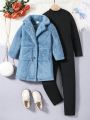 Little Girls' Turtleneck Plush Coat And Long Sleeve Jumpsuit Set