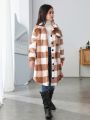 SHEIN Tween Girl Buffalo Plaid Print Drop Shoulder Flap Pocket Teddy Coat