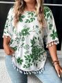 Plus Floral Print Tassel Trim Tee