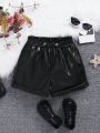 SHEIN Kids Cooltwn Tween Girls' Casual Street Style Pu Leather Shorts