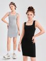 SHEIN Teen Girls' Sleeveless Ribbed Knit Square Neck Bodycon Dress 2pcs/set