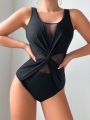 SHEIN Swim SXY Solid Color Mesh Monokini Swimsuit