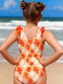 Girls Floral Print Ruffle Trim One Piece Swimsuit