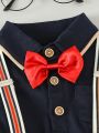 Baby Boy'S Bow Short-Sleeved Color-Blocked Shirt And Suspender Shorts Gentleman'S Suit