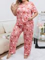 SHEIN X Skyy Designs Co Women'S Plus Size Heart Pattern Printed Pajama Set