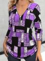 Plus Size Zipper Half Placket Printed Splice T-Shirt