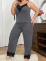 Plus Size Color Block Lace Trimmed Pajamas Set