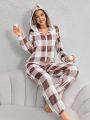 Women's Zip-up Plush Plaid Pattern Sleepwear Jumpsuit