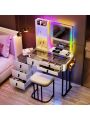 Gurexl RGB Makeup Vanity Desk with Wireless Charging Station,7 Dynamic and 7 Static Dimmable Vanity Table with Visible Glass Top,Auto Sensor LED Make up Vanity with USB&Type-C Ports,Stool