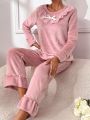 Contrast Lace Ruffle Trim Flounce Sleeve Bow Front Flannelette PJ Set